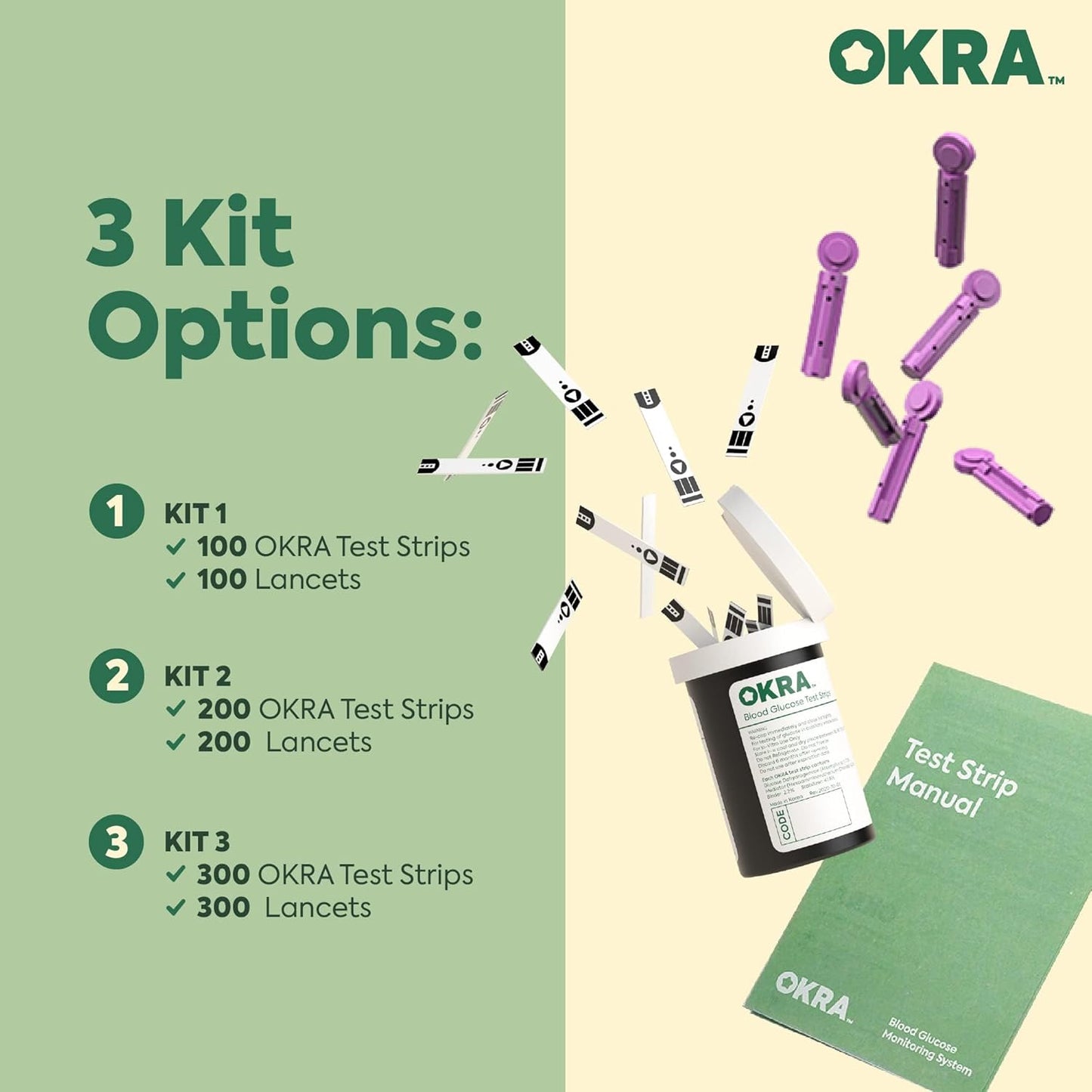 OKRA PRO Blood Glucose Monitoring Refill Kit for OKRA PRO Meter – Test Strips & 30G Lancets