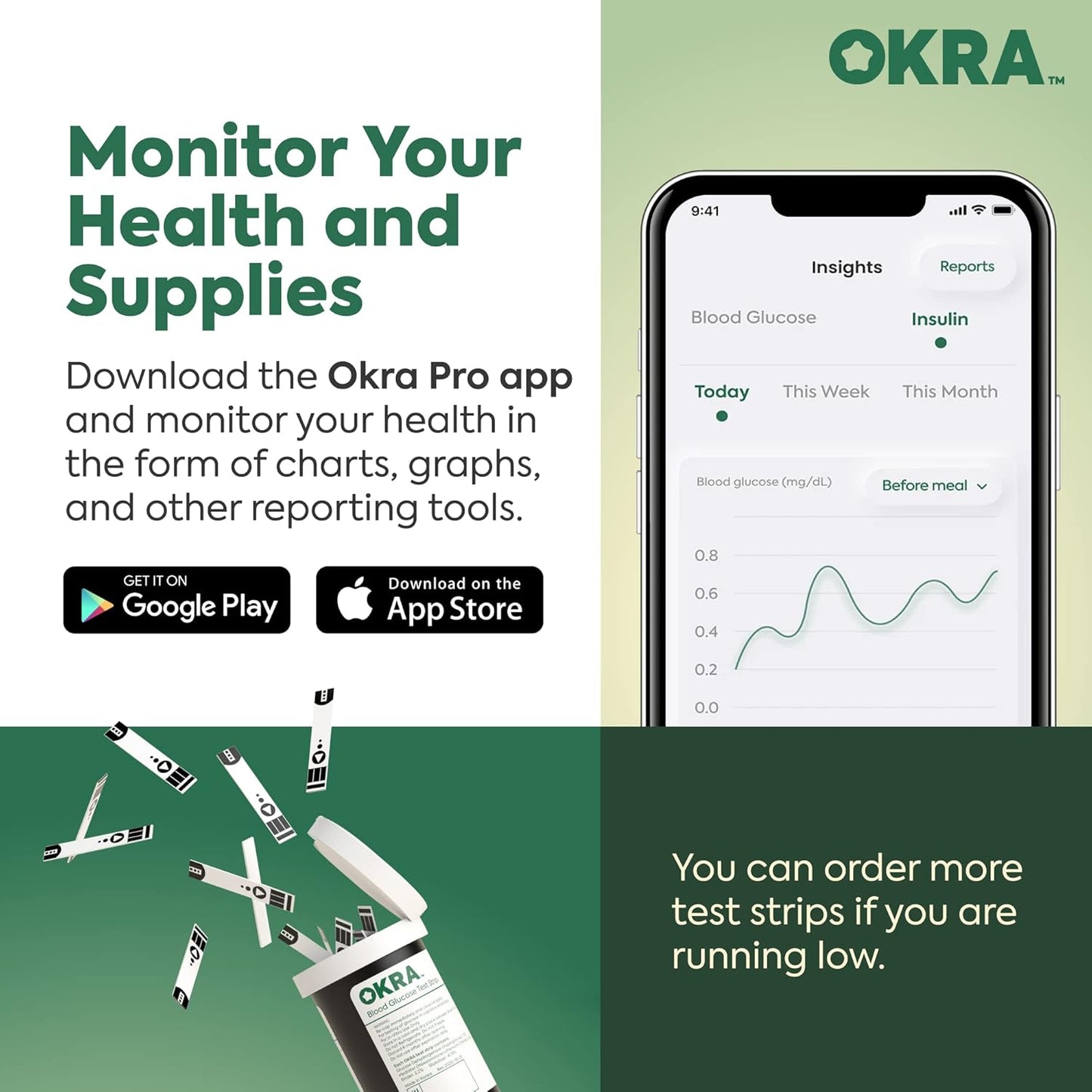 OKRA PRO Blood Glucose Monitoring Refill Kit for OKRA PRO Meter – Test Strips & 30G Lancets